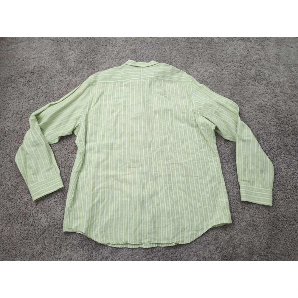 Banana Republic‎ Button Up Shirt Mens 18-18.5 Green Striped 58% Linen Classic